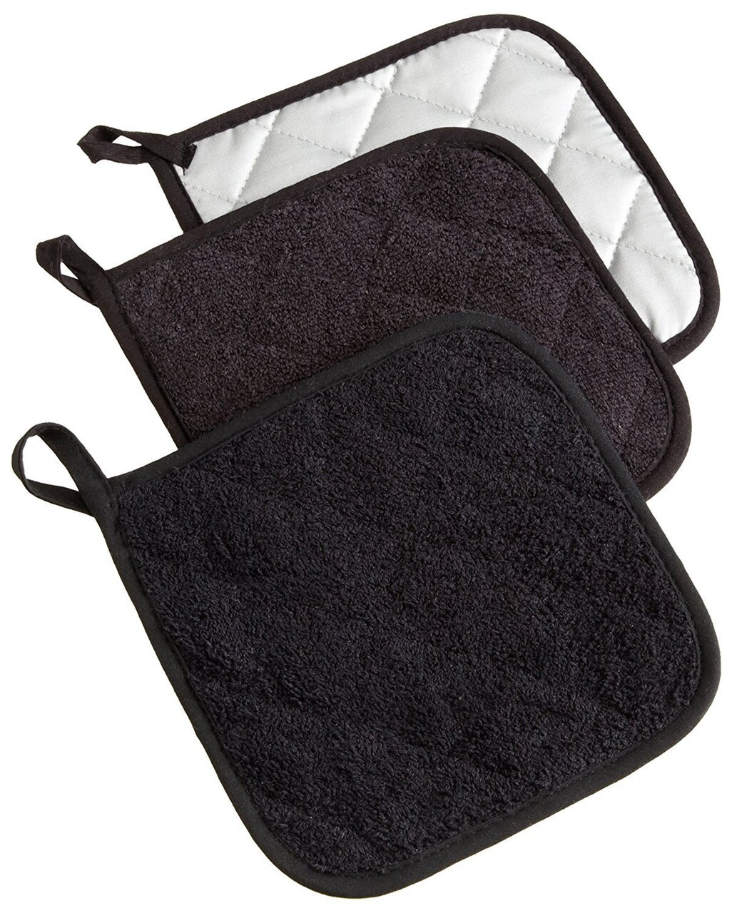 Contemporary Home Living Quilted Terry Cotton Kitchen Pot Holders - 7" - Black - Set of 3
